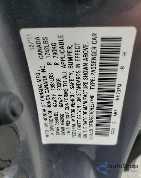 2012 Honda Civic Lx z USA, uszkodzony, nr VIN 2HGFB2F51CH327446